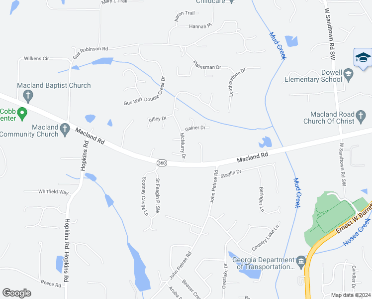 map of restaurants, bars, coffee shops, grocery stores, and more near 2347 McMurry Drive in Powder Springs