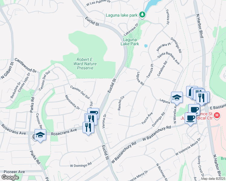map of restaurants, bars, coffee shops, grocery stores, and more near 2226 North Euclid Street in Fullerton
