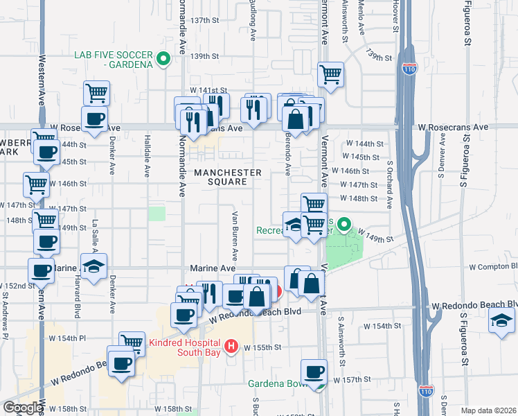 map of restaurants, bars, coffee shops, grocery stores, and more near 14720 Budlong Avenue in Gardena