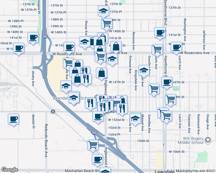 map of restaurants, bars, coffee shops, grocery stores, and more near 14714 South Inglewood Avenue in Lawndale