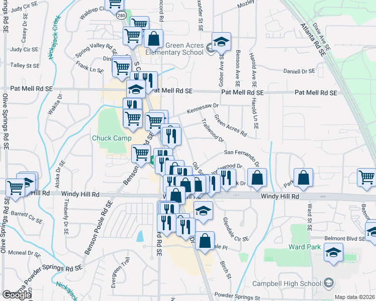 map of restaurants, bars, coffee shops, grocery stores, and more near 2301 Old Spring Road in Smyrna
