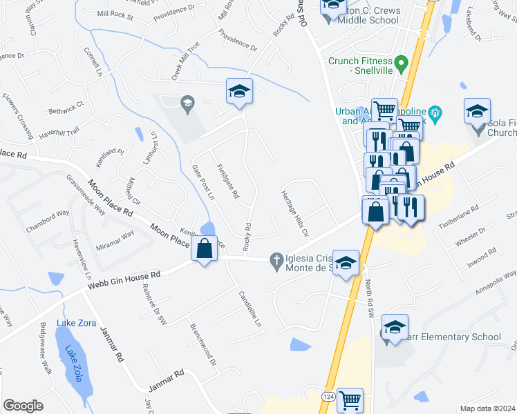 map of restaurants, bars, coffee shops, grocery stores, and more near 1240 Rocky Road in Lawrenceville