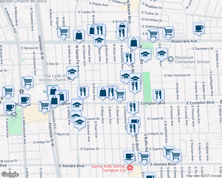 map of restaurants, bars, coffee shops, grocery stores, and more near 121 North Burris Avenue in Compton