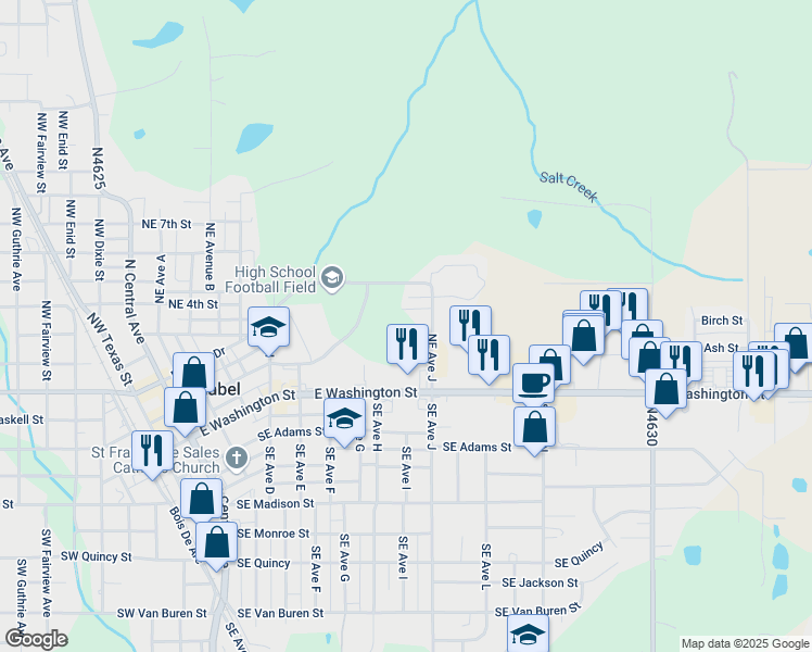 map of restaurants, bars, coffee shops, grocery stores, and more near 609 Southeast Washington Street in Idabel