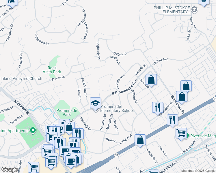 map of restaurants, bars, coffee shops, grocery stores, and more near 716 La Loma Lane in Corona