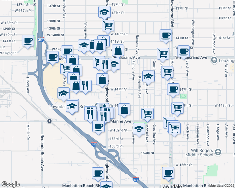 map of restaurants, bars, coffee shops, grocery stores, and more near 14717 Condon Avenue in Lawndale