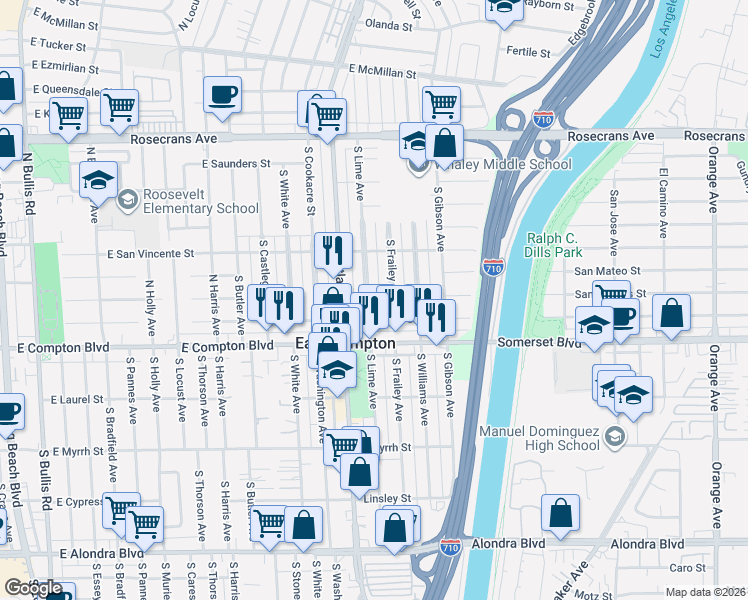 map of restaurants, bars, coffee shops, grocery stores, and more near 14906 South Lime Avenue in Compton