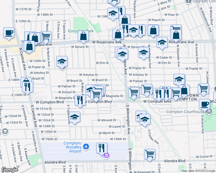 map of restaurants, bars, coffee shops, grocery stores, and more near 910 West Palmer Street in Compton
