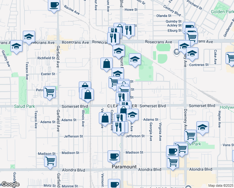map of restaurants, bars, coffee shops, grocery stores, and more near 14905 Paramount Boulevard in Paramount