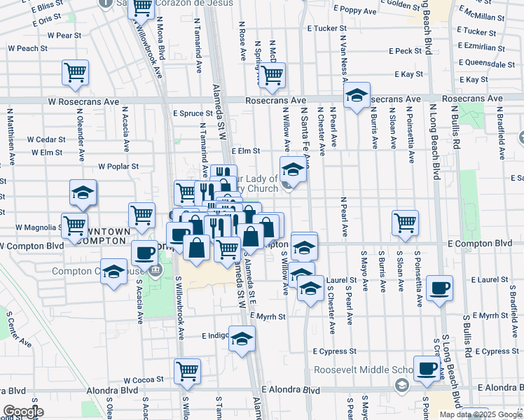 map of restaurants, bars, coffee shops, grocery stores, and more near 220 North Rose Avenue in Compton