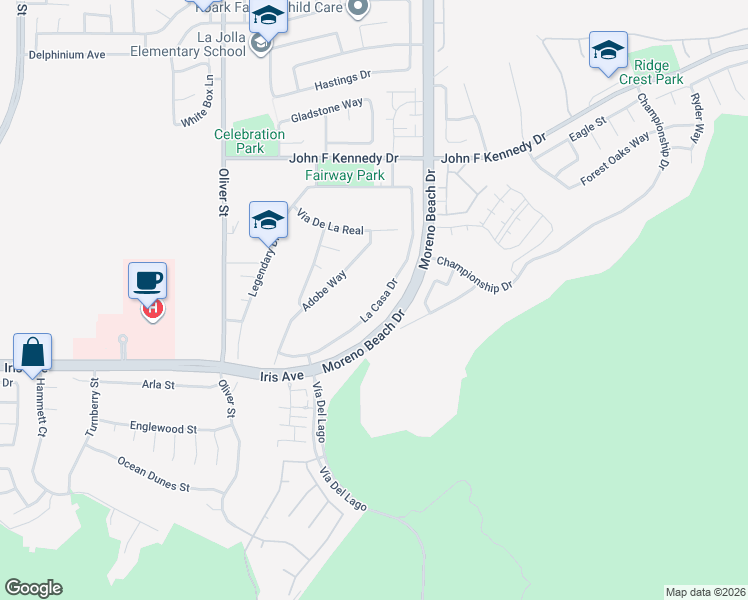 map of restaurants, bars, coffee shops, grocery stores, and more near 15331 La Casa Drive in Moreno Valley