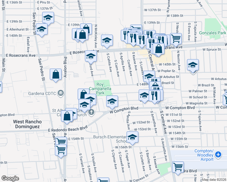 map of restaurants, bars, coffee shops, grocery stores, and more near 14631 South Cahita Avenue in Compton