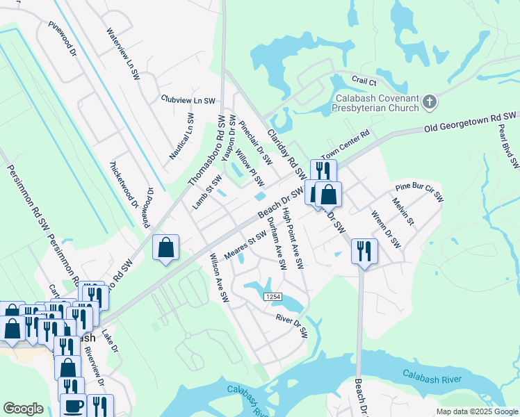map of restaurants, bars, coffee shops, grocery stores, and more near 9080 Beach Drive Southwest in Calabash
