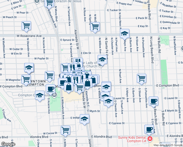 map of restaurants, bars, coffee shops, grocery stores, and more near 220 North Rose Avenue in Compton