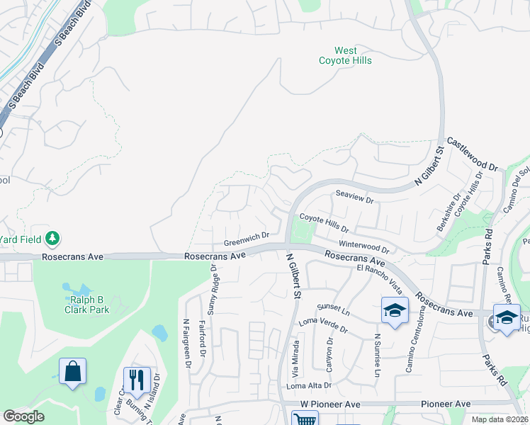 map of restaurants, bars, coffee shops, grocery stores, and more near 2165 Baywood Drive in Fullerton