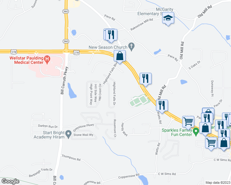 map of restaurants, bars, coffee shops, grocery stores, and more near 157 Highland Falls Drive in Hiram