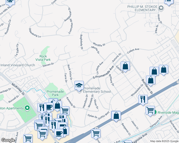 map of restaurants, bars, coffee shops, grocery stores, and more near 716 La Loma Lane in Corona