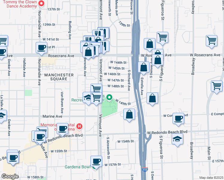 map of restaurants, bars, coffee shops, grocery stores, and more near 819 West 148th Place in Gardena