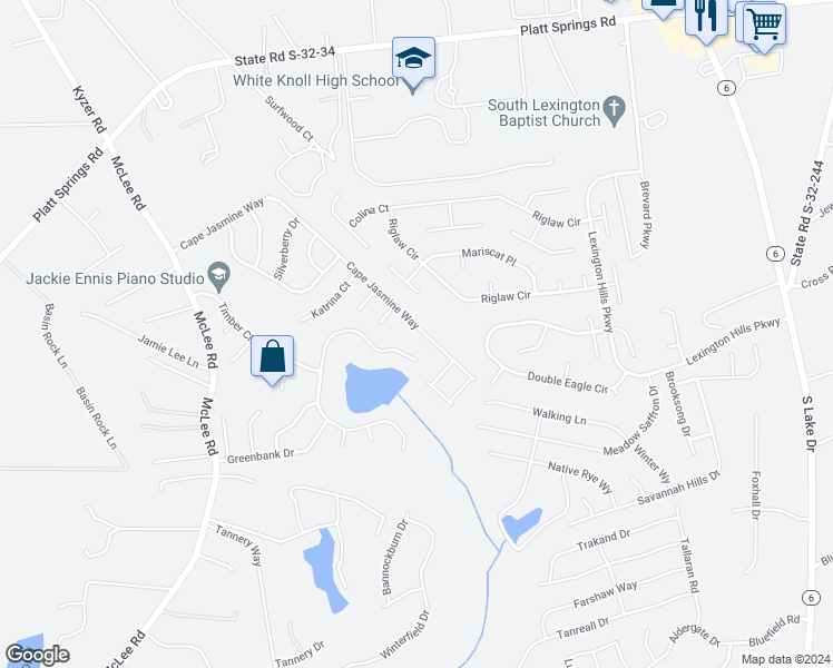 map of restaurants, bars, coffee shops, grocery stores, and more near 432 Cape Jasmine Way in Lexington