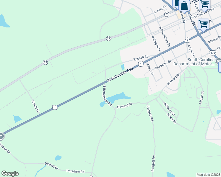 map of restaurants, bars, coffee shops, grocery stores, and more near 622-640 W Columbia Ave in Batesburg-Leesville