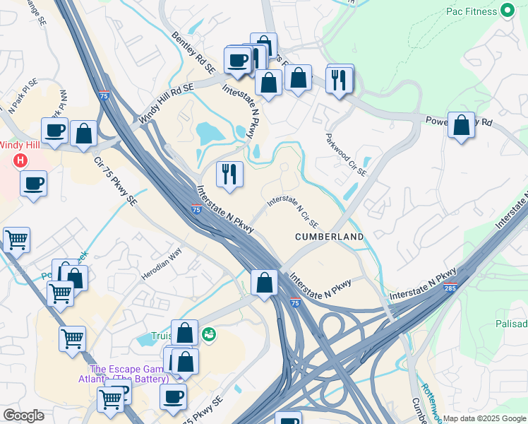 map of restaurants, bars, coffee shops, grocery stores, and more near 210 Interstate North Circle Southeast in Atlanta