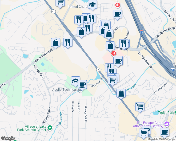 map of restaurants, bars, coffee shops, grocery stores, and more near 2220 Cobb Parkway Southeast in Smyrna