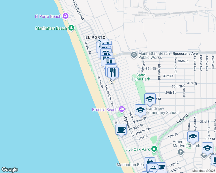 map of restaurants, bars, coffee shops, grocery stores, and more near 3205 Bayview Drive in Manhattan Beach