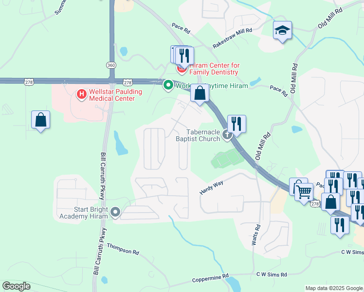 map of restaurants, bars, coffee shops, grocery stores, and more near 442 Highland Falls Drive in Hiram