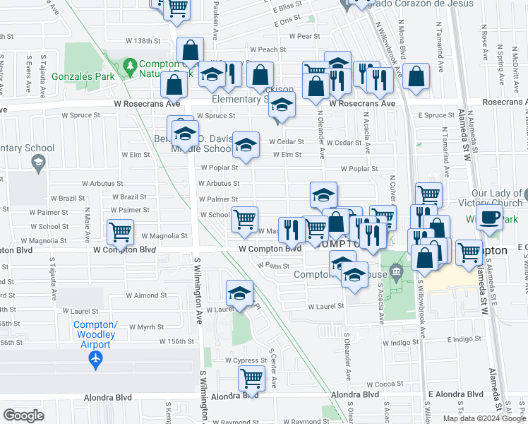 map of restaurants, bars, coffee shops, grocery stores, and more near 535 West School Street in Compton