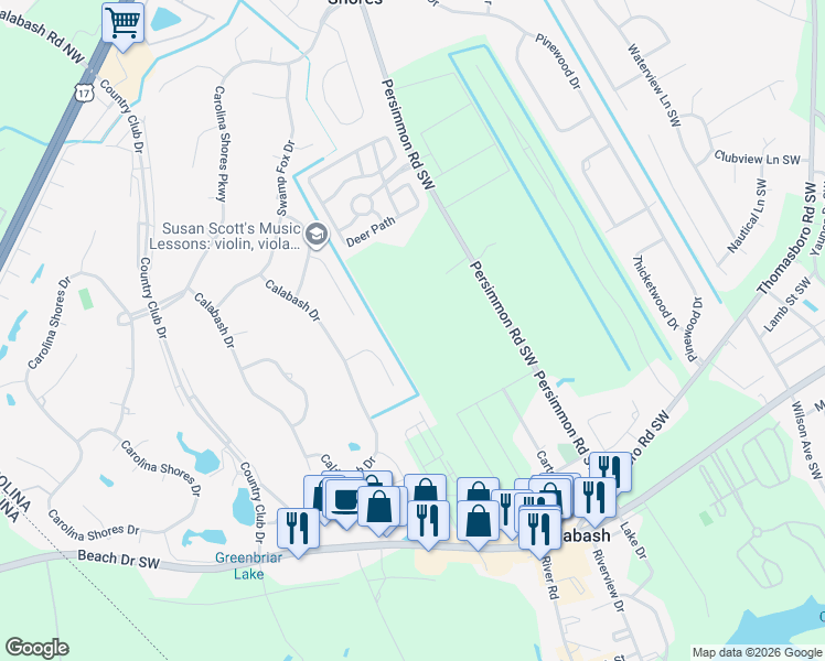 map of restaurants, bars, coffee shops, grocery stores, and more near 630 Persimmon Road Southwest in Calabash