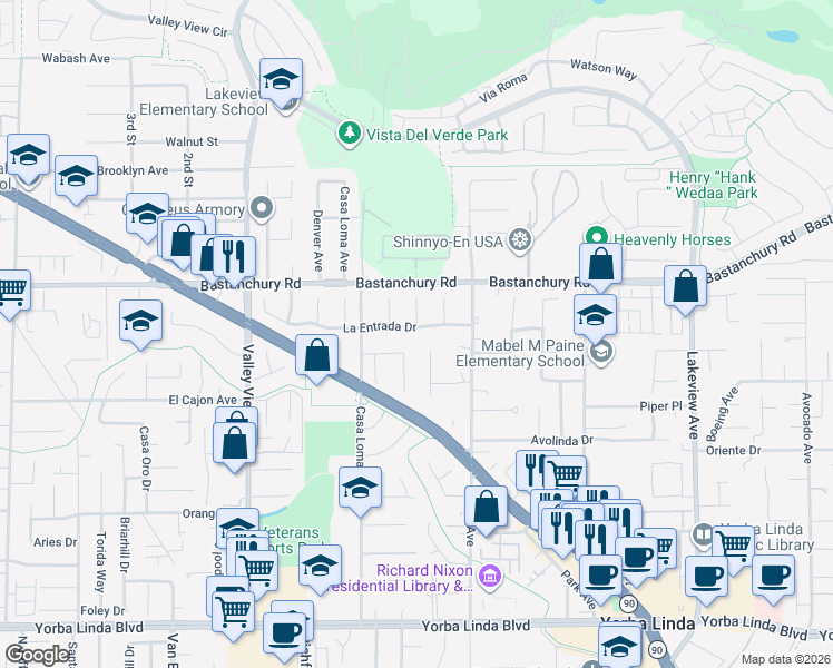 map of restaurants, bars, coffee shops, grocery stores, and more near 17842 La Entrada Drive in Yorba Linda