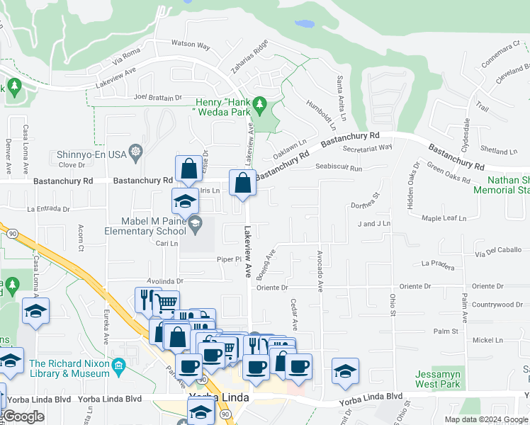 map of restaurants, bars, coffee shops, grocery stores, and more near 18534 Cobblestone Court in Yorba Linda