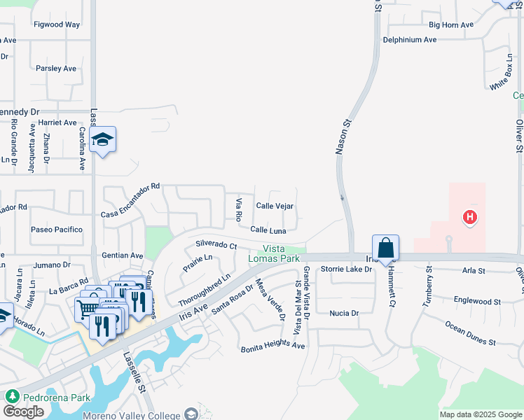 map of restaurants, bars, coffee shops, grocery stores, and more near 15322 Via Maravilla in Moreno Valley