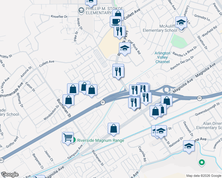 map of restaurants, bars, coffee shops, grocery stores, and more near 3950 Pierce Street in Riverside