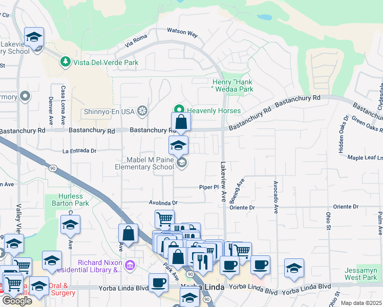 map of restaurants, bars, coffee shops, grocery stores, and more near 18298 Maidenhair Way in Yorba Linda