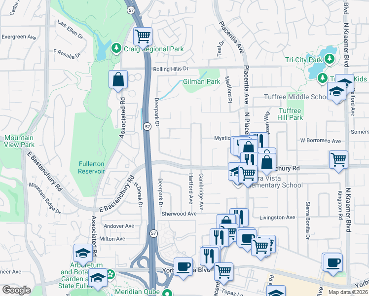 map of restaurants, bars, coffee shops, grocery stores, and more near 2453 Hartford Avenue in Fullerton