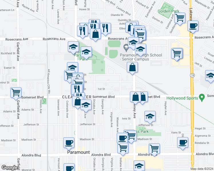 map of restaurants, bars, coffee shops, grocery stores, and more near 8225 2nd Street in Paramount