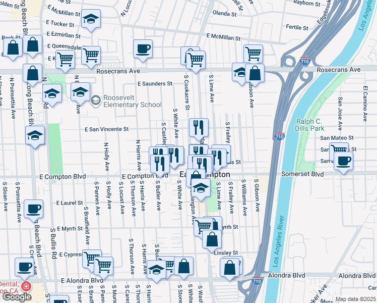 map of restaurants, bars, coffee shops, grocery stores, and more near 14806 South White Avenue in Compton