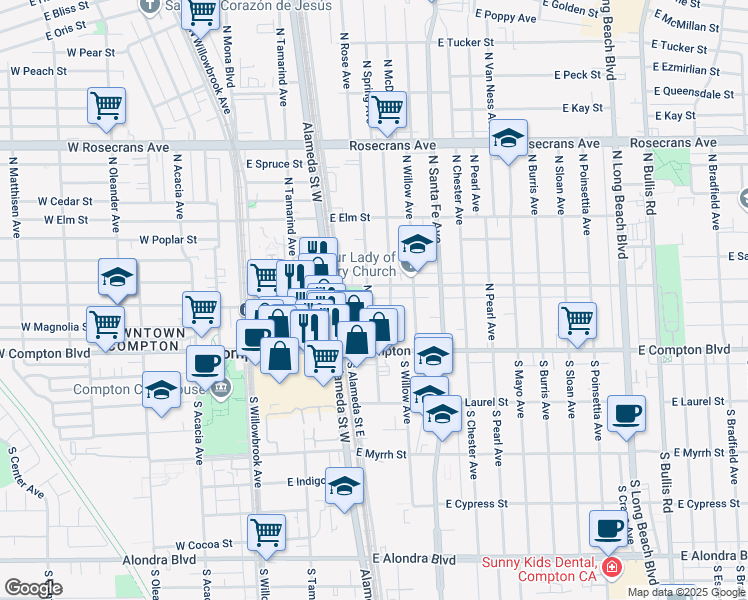 map of restaurants, bars, coffee shops, grocery stores, and more near 357 North Rose Avenue in Compton