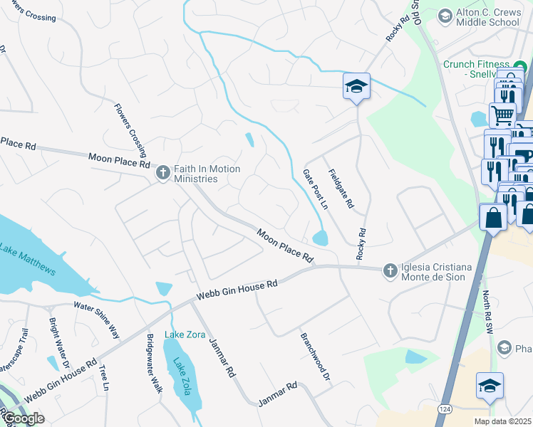 map of restaurants, bars, coffee shops, grocery stores, and more near 1885 Milfield Circle in Snellville