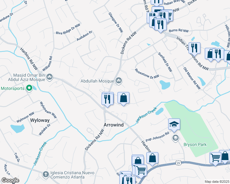 map of restaurants, bars, coffee shops, grocery stores, and more near 805 Dickens Road Northwest in Lilburn