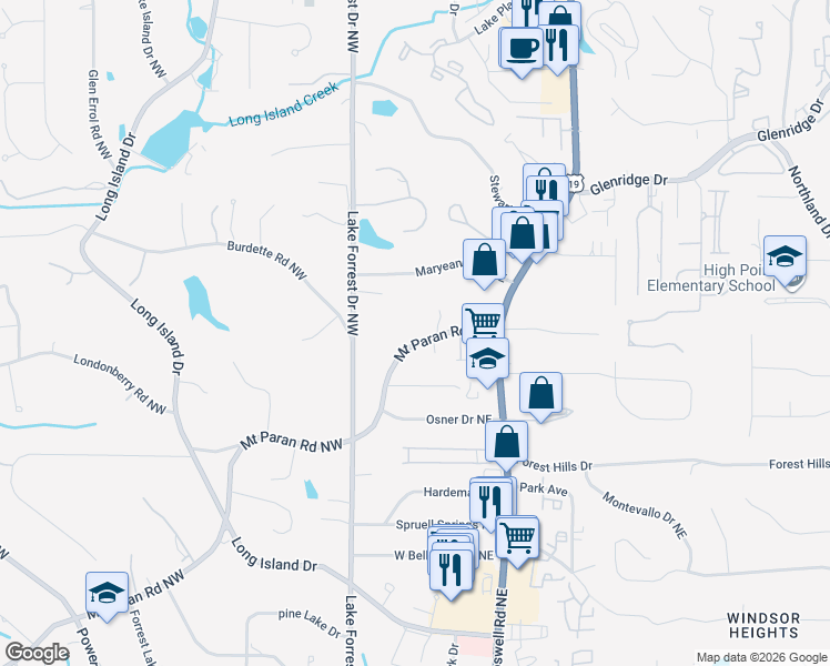 map of restaurants, bars, coffee shops, grocery stores, and more near 5271 Lake Forrest Drive in Atlanta
