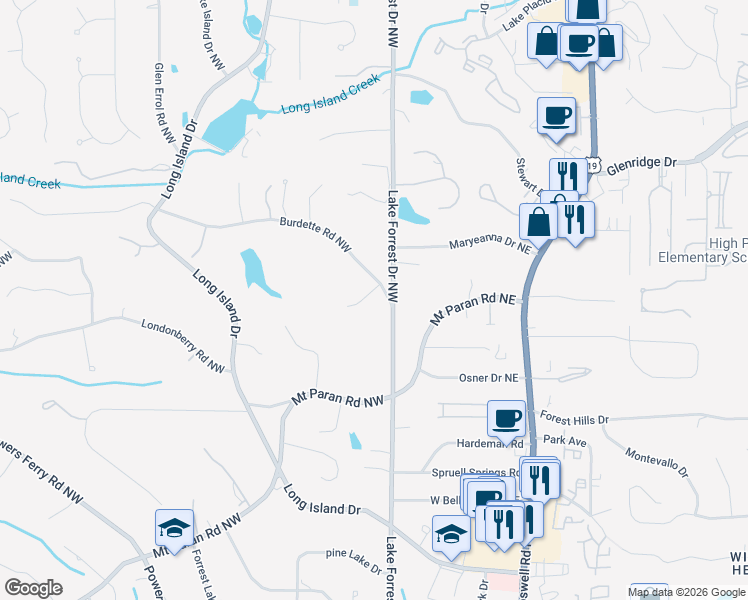 map of restaurants, bars, coffee shops, grocery stores, and more near 5235 Green Oak Court Northwest in Atlanta