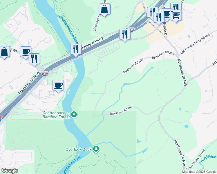 map of restaurants, bars, coffee shops, grocery stores, and more near 5045 Riverview Road Northwest in Atlanta