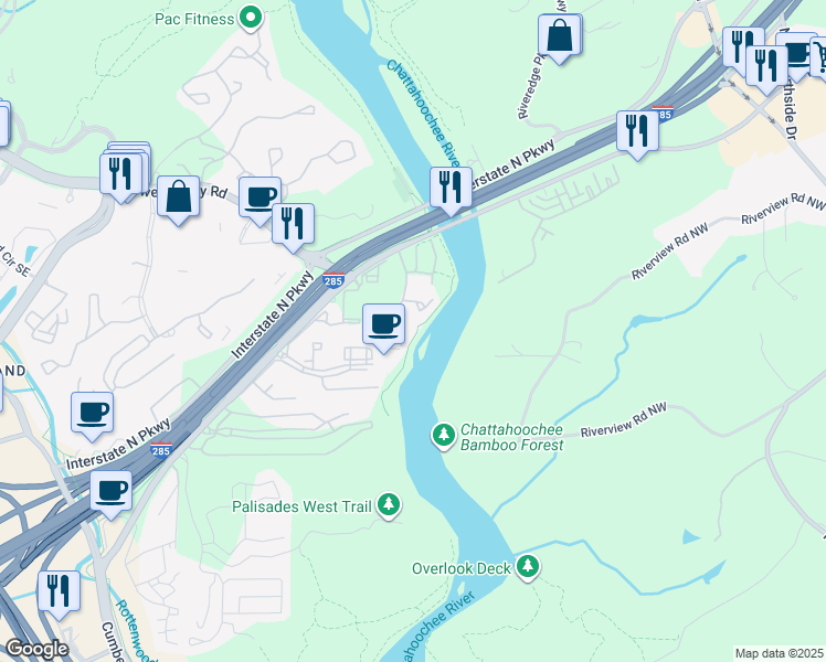 map of restaurants, bars, coffee shops, grocery stores, and more near 1033 Riverbend Club Drive Southeast in Atlanta