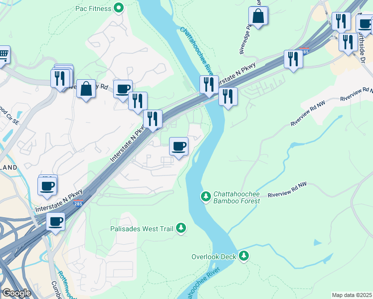 map of restaurants, bars, coffee shops, grocery stores, and more near 1009 Riverbend Club Drive Southeast in Atlanta