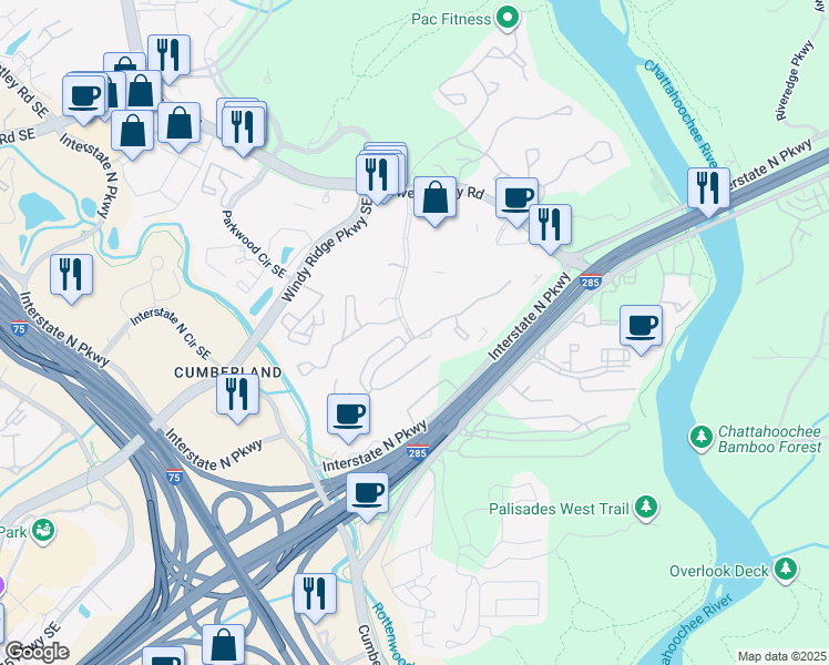 map of restaurants, bars, coffee shops, grocery stores, and more near 3013 Shadowood Parkway in Atlanta