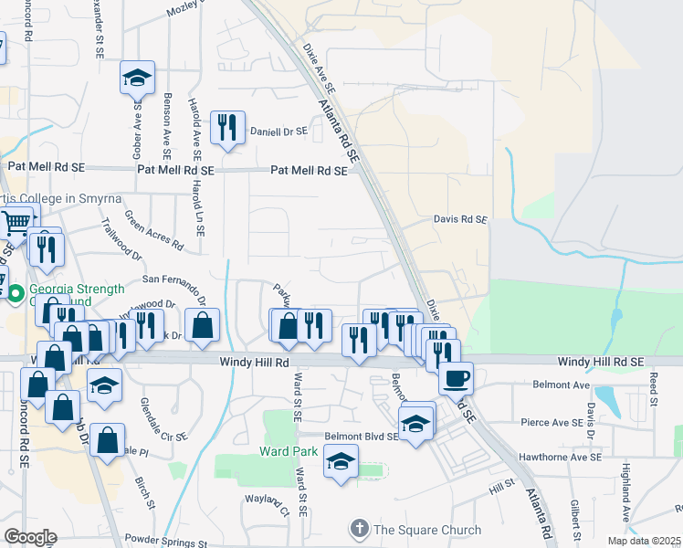 map of restaurants, bars, coffee shops, grocery stores, and more near 915 Woodland Trail in Smyrna