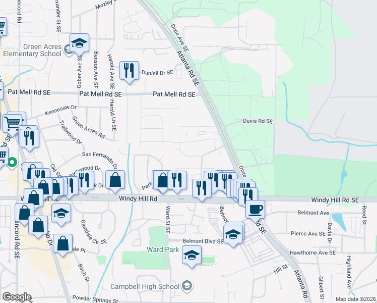 map of restaurants, bars, coffee shops, grocery stores, and more near 915 Woodland Trail in Smyrna