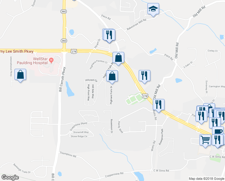 map of restaurants, bars, coffee shops, grocery stores, and more near 108 Highland Falls Drive in Hiram
